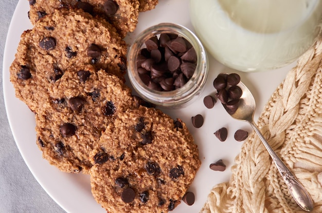 Homemade oatmeal and banana cookies with chocolate chips. Vegan food recipe