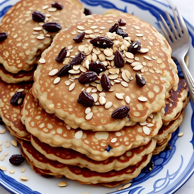 homemade oatmeal banana pancakes with chia seeds almonds prunes and dates AI generated