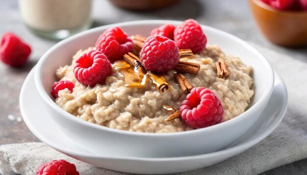 Homemade oatmeal for breakfast with raspberry cinnamon and honey