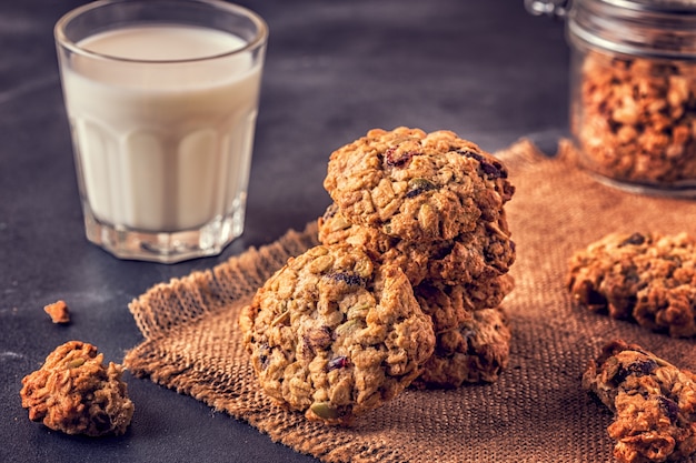 Homemade oatmeal cookies on burlap napkin