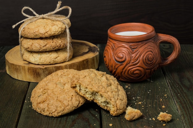 Homemade oatmeal cookies and milk