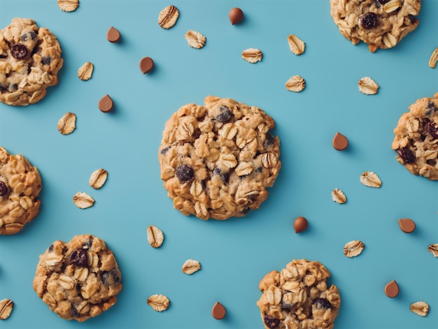 Photo homemade oatmeal cookies with chocolate chips and nuts on a blue background