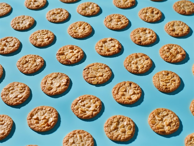 Homemade Oatmeal Cookies with Chocolate Chips and Nuts on a Blue Background