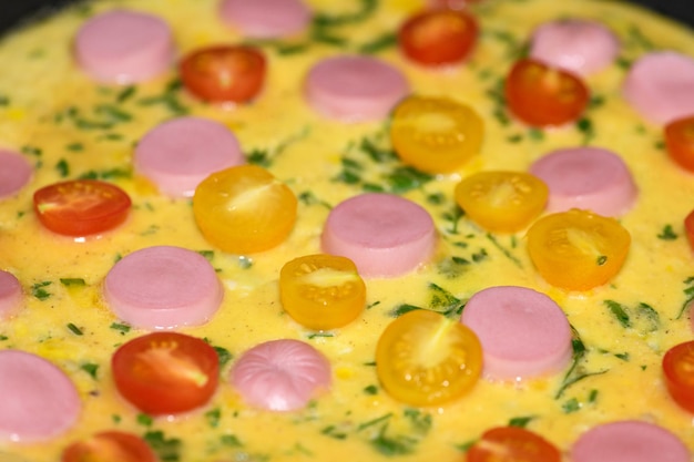 Homemade omelette with sausage tomatoes and herbs closeup