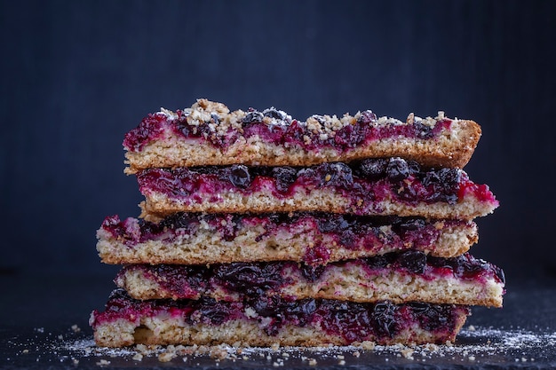 Homemade organic currant pie dessert ready to eat . Currant tart on black background, close up