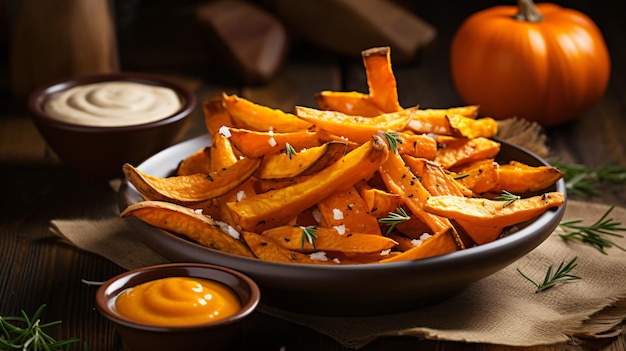 Homemade organic pumpkin french fries with sauce