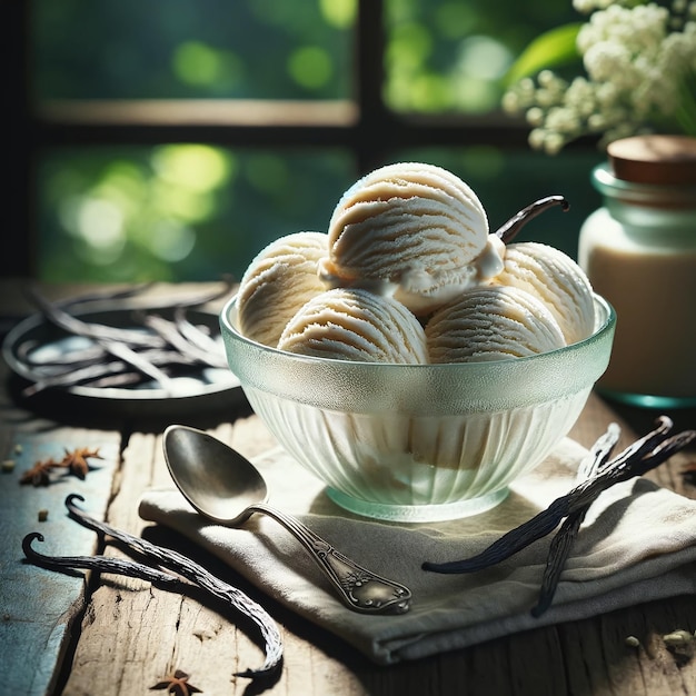 Foto gelato di vaniglia biologico fatto in casa in tavola di legno