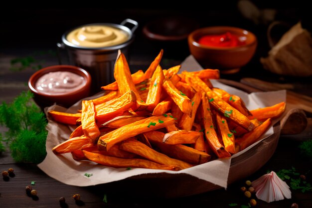 Homemade ovenroasted sweet potato fries served with mayo and ketchup