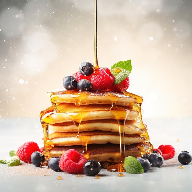 Homemade pancake with raspberries on a gray background