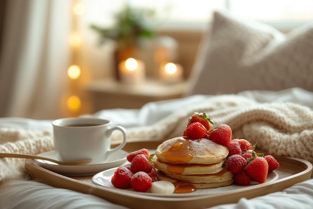 사진 homemade pancakes and coffee breakfast in bed