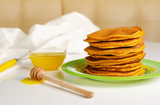 Homemade pancakes made with whole grain flour and honey