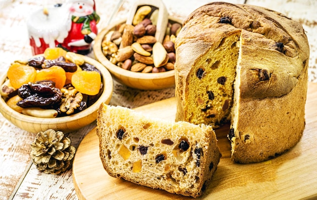 Homemade Panettones on a white wooden table cake or baked bread typical of Brazilian and European Christmas Christmas bread stuffed with sweets