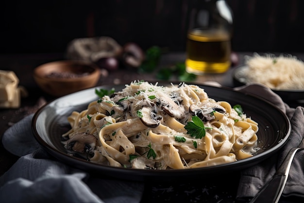 Homemade pasta with creamy mushroom sauce and parmesan cheese created with generative ai