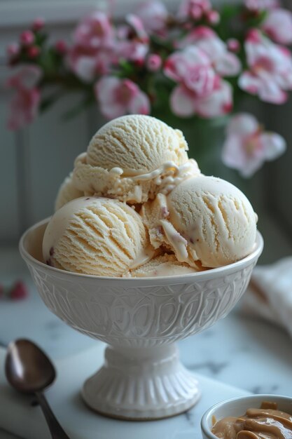 Foto gelato casalingo al burro di arachidi con arachidi in ciotola e fiori