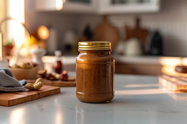 Homemade Peanut Butter Jar on Kitchen Counter