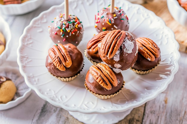 Homemade pecan chocolate truffles or cake pops sweet treat on a plate