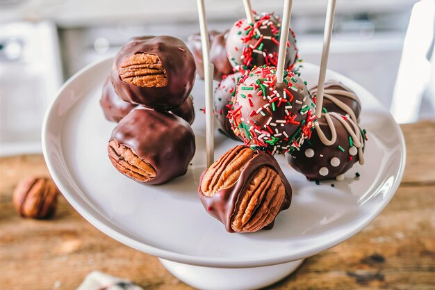 Homemade pecan chocolate truffles or cake pops sweet treat on a plate