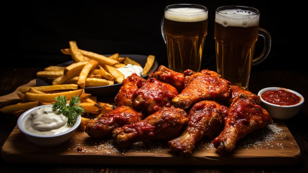 Homemade pepperoni pizza chicken wings fries and beer