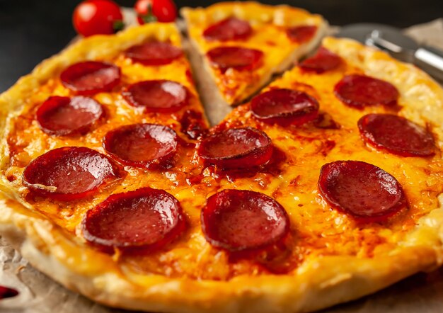 Homemade pepperoni pizza on a stone background