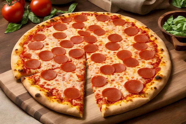 AI의 나무 접시 생성 예술에 홈메이드 페퍼로니 피자