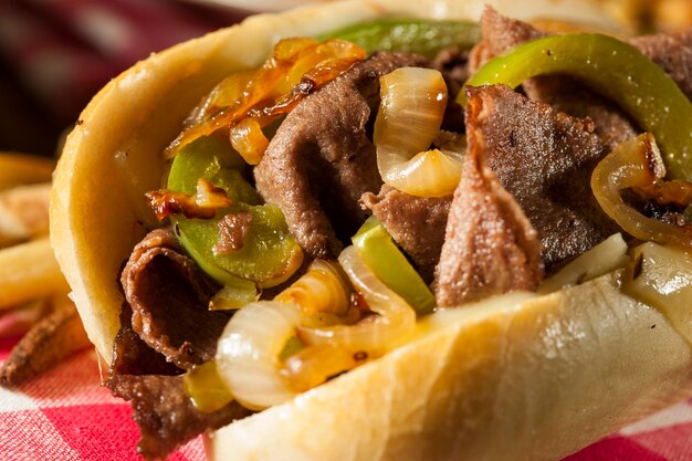 Homemade Philly Cheesesteak Sandwich with Onions and Peppers