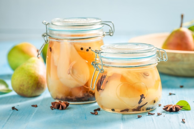 Homemade pickled pears in sugar and vinegar