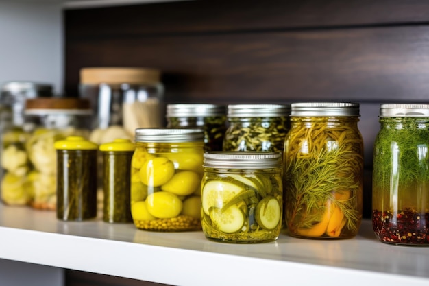 Homemade pickles in jars on a kitchen shelf