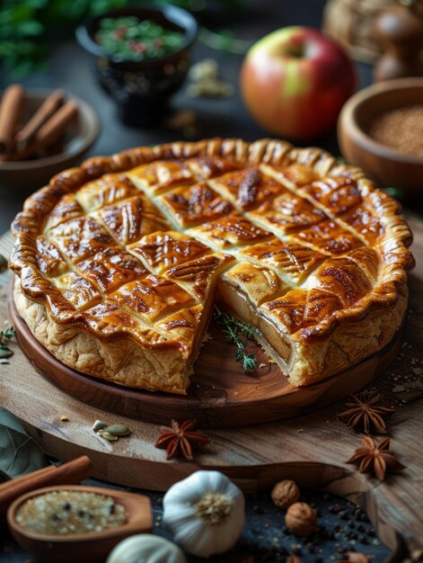 Homemade pie with apples and spices on wooden table