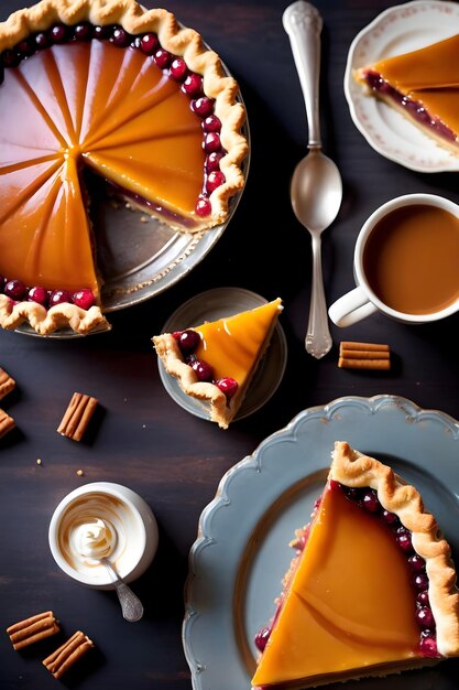 Homemade pie with berries and cup of coffee on wooden table