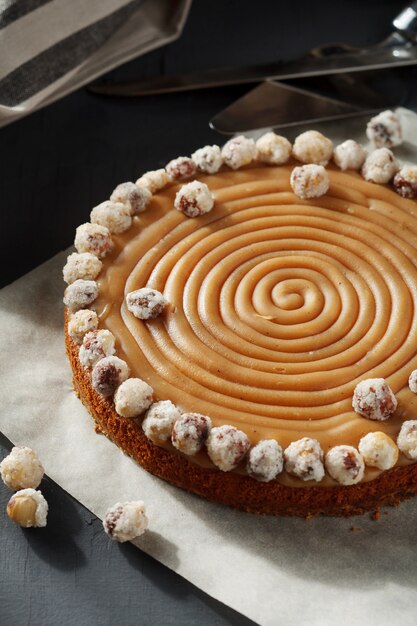 Homemade pie with nuts and caramel