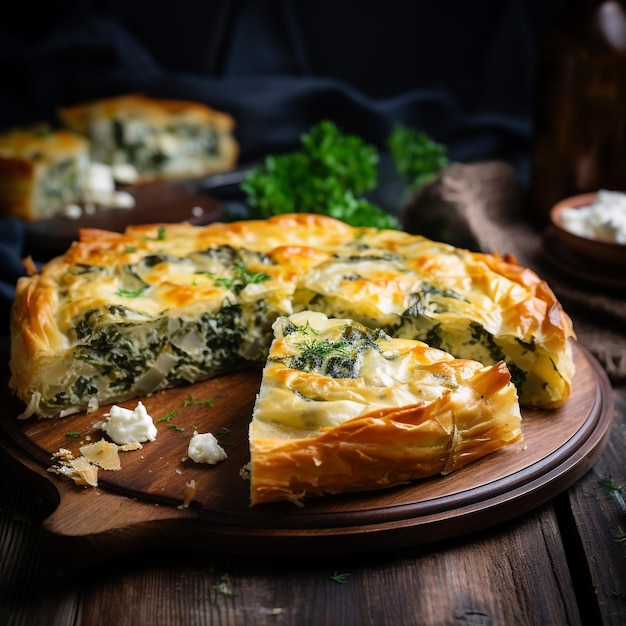 Homemade pie with spinach and cheese on a wooden background with generate Ai