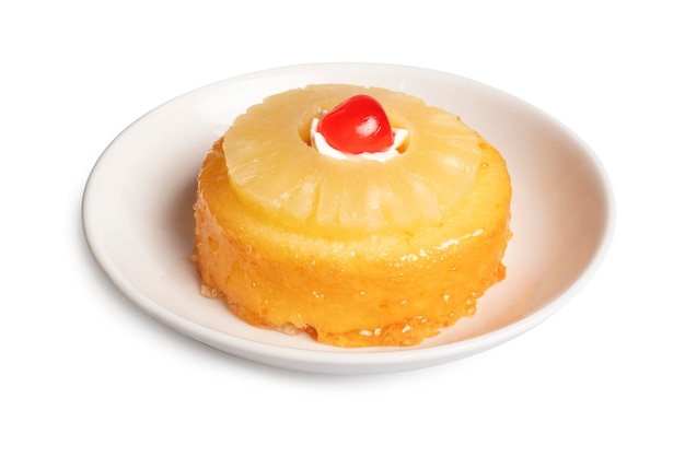 Homemade pineapple upside down cake isolated on white background clipping path