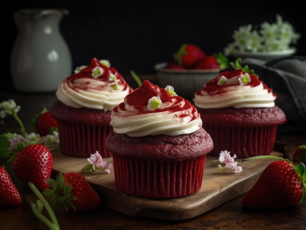 Homemade pink sweet cupcakes strawberries Generative AI