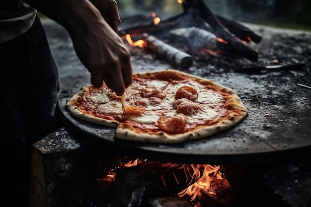 A homemade pizza being slid into a backyard oven