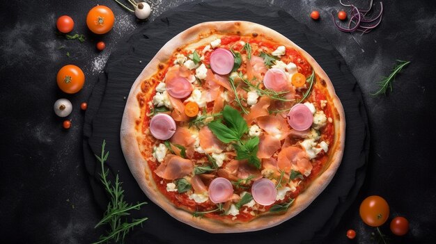 Homemade pizza on a black stone background