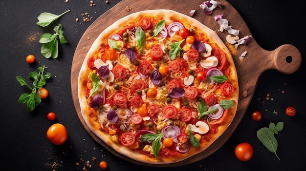 Homemade pizza on a black stone background