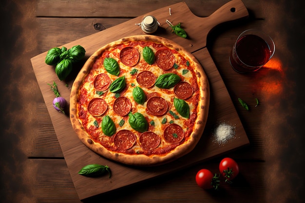 Домашняя пицца с пепперони и свежим базиликом