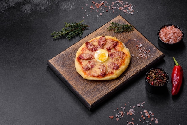 Homemade pizza with sausages tomatoes cheese spices and herbs on a wooden cutting board