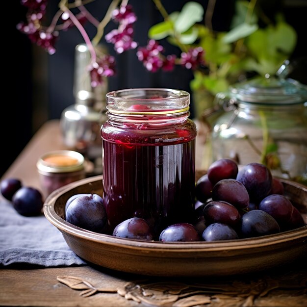 Homemade plum jam rustic style life style Plum jam in a glass jar on a wooden background