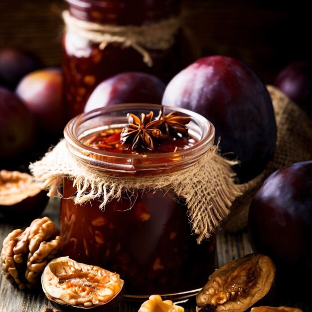 Homemade plum jam with walnuts and spices on a rustic wooden table Selective focus