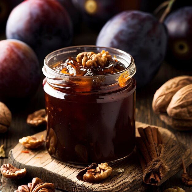 Homemade plum jam with walnuts and spices on a rustic wooden table Selective focus