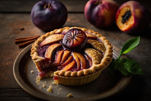 Homemade plum mini pie with glaze and cinnamon