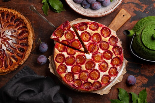 Homemade plum pie Fruit tart with seasonal fruits