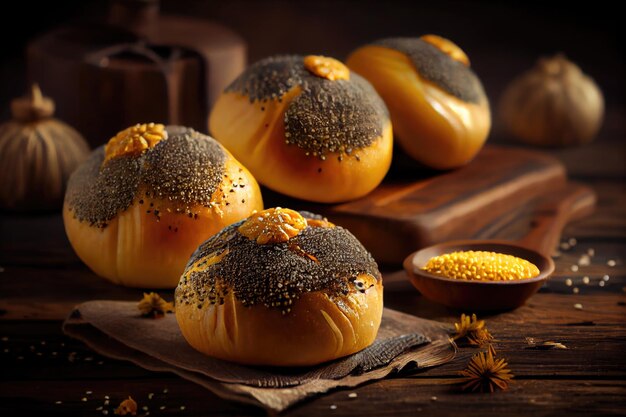 Homemade poppy seed buns with sweet golden crust on wooden table