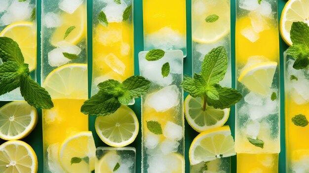 Homemade popsicles with fresh lemons on colored background Generative AI