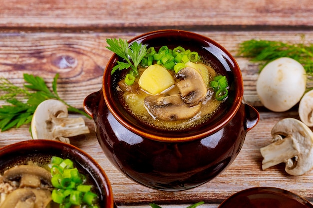 Homemade potato with mushrooms and meat in a clay pot with herbs