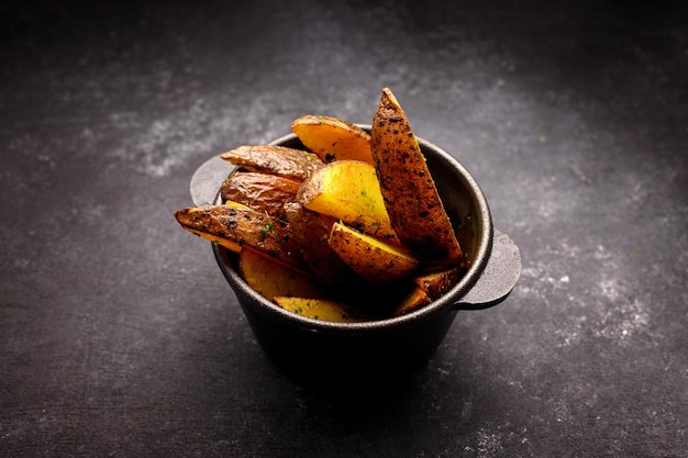 Homemade potatoes with herbs on dark concrete