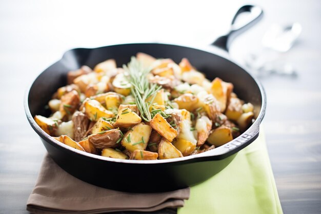 Foto poutine fatta in casa in una padella di ghisa