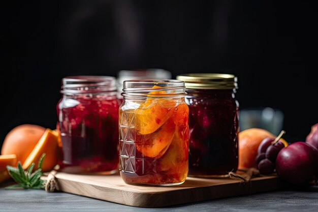 Homemade preserve jar filled with variety of fruit preserves created with generative ai