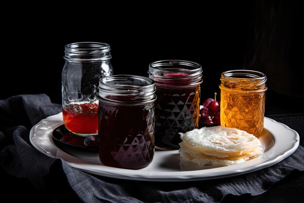 Homemade preserves on a white plate with contrasting black background created with generative ai